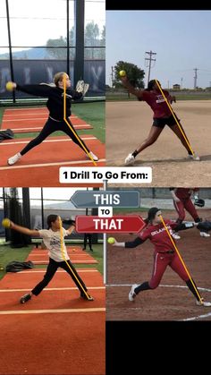 four different shots of a woman playing softball