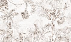 a pencil drawing of some plants and birds