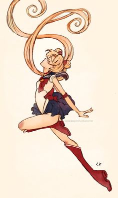 a drawing of a woman with long blonde hair and red stockings is flying through the air