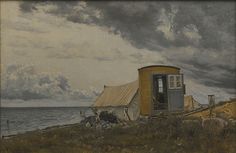 an oil painting of a small yellow house by the ocean with dark clouds in the background