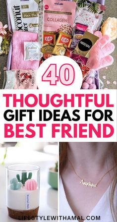 the words, 40 thoughtful gift ideas for best friend are shown in this collage