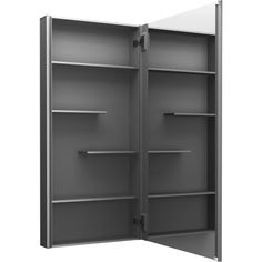 an open metal cabinet with shelves and shelves on each side, in front of a white background