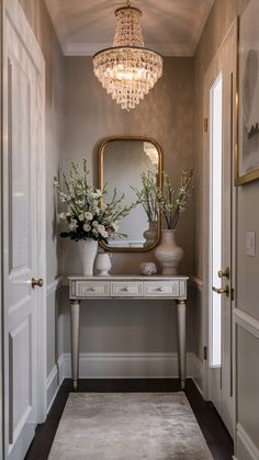 a hallway with a table, mirror and vases on it