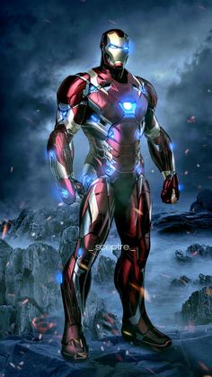 an iron man standing in front of a dark sky with fire coming out of his chest