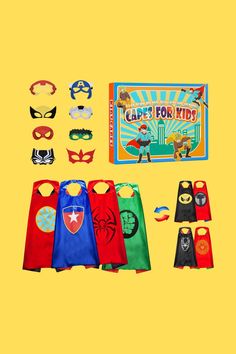 children's capes and masks are displayed on a yellow background