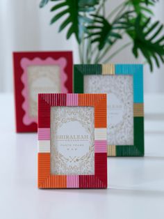 three different colored frames sitting next to each other on a white table with a potted plant in the background