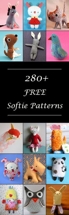 many different stuffed animals are shown in this collage with the words, free softie patterns