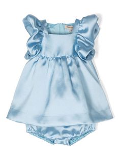 alice blue satin weave square neck flutter sleeves twist detailing concealed rear zip fastening full lining matching bloomers Satin Baby Dress, Victorian Baby Clothes, Baby Dior Dress, Luxury Baby Fashion, Blue Baby Clothes, Blue Baby Dress, Luxury Kids Clothes, Luxury Baby Clothes, Baby Dior