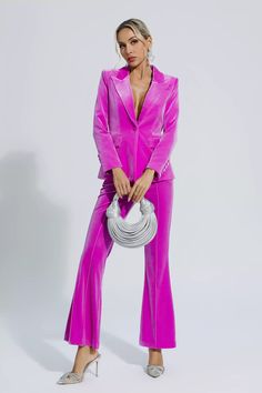 Tailored Structured Party Blazer, Tailored Structured Blazer For Party, Structured Fitted Pantsuit For Party, Chic Structured Party Suits, Chic Single Button Blazer For Night Out, Chic Fitted Pantsuit With Lapel Collar, Fitted Trendy Pantsuit For Fall, Trendy Fitted Office Blazer, Trendy Party Blazer With Lapel Collar