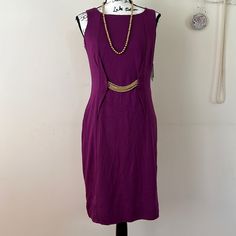 Purple Dress With Tag. Elegant Purple A-line Midi Dress, Purple Lined Midi Length Dresses, Elegant Purple Sleeveless Midi Dress, Lined Sheath Midi Dress For Formal Occasions, Elegant Sleeveless Midi-length Lined Dress, Elegant Purple Sleeveless Evening Dress, Elegant Knee-length Sleeveless Lined Dress, Formal Sheath Midi Dress Lined, Chic Lined Purple Dress