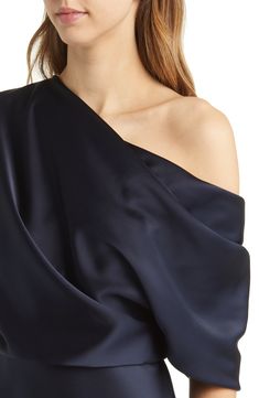 A graceful drape defines the chic silhouette of this toastworthy cocktail dress cut to a beloved midi length. 46 1/2" length (size 8) One-shoulder neck Elbow-length sleeves Lined 100% polyester Dry clean Imported Black Owned/Founded Cocktail Midi Dress, Navy Midi Dress, Midi Cocktail Dress, Elbow Sleeve, Elbow Length Sleeve, Dress Cuts, The Chic, Nordstrom Dresses, Midi Length