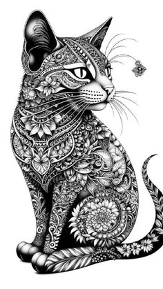 a black and white drawing of a cat with intricate designs on it's face