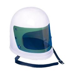 a white helmet with blue and green accents on the face is attached to a lanyard strap