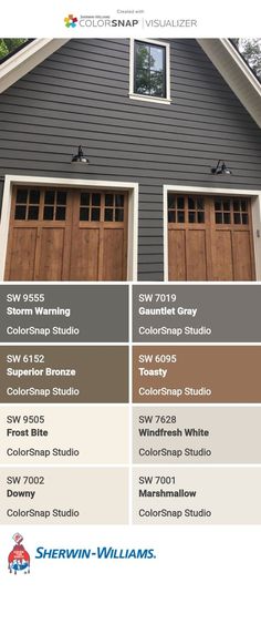 two garages with brown doors and white trim