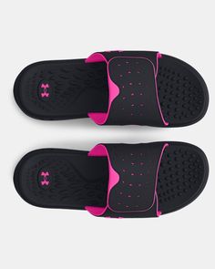 Adjustable synthetic strap with soft foam lining for added comfort & perforations for breathability|Medial strap cut out to help provide strategic pressure point relief|Textured foam footbed for unprecedented comfort|EVA outsole built with durable traction pods in heel for lightweight cushioning & comfort Foam Sandals, White Slides, Pink Slides, Womens Slides Sandals, Under Armour Shoes, Black Slides, Black Hot Pink, Pink Sandals, Womens Slides