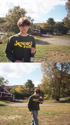 two pictures of a boy standing in the grass with his skateboard and holding a beer