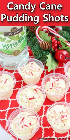 candy cane pudding shots in small plastic cups on a red tablecloth with holly and pine cones