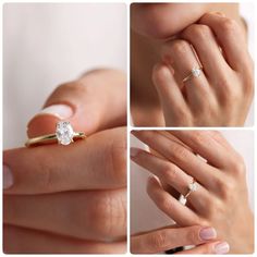 a woman's hand with three different views of her engagement ring and wedding band