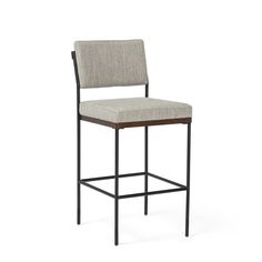 an upholstered bar stool with a grey fabric seat and black metal frame, viewed from the front