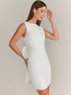 Sleeveless Low V-Back Mini Dress - Lena | New York & Company Elegant Stretch Midi Dress With Tie Back, Elegant Sleeveless Dress With Flattering Silhouette For Summer, Chic White Sleeveless Dress With Fitted Bodice, Chic Stretch Dresses With Tie Back, Sleeveless Mini Dress With Fitted Bodice, Chic Sleeveless Midi Dress For Wedding, Elegant Fitted Bodice Sleeveless Dress, White Sleeveless Dress With Fitted Bodice, Midi Length, Elegant Sleeveless Midi Dress With Tie Back