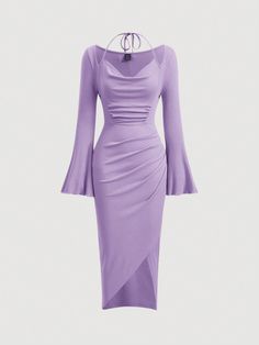 Women's Solid Color Draped-Neck Wrap Hem Bell Sleeve Dress Mauve Purple Elegant  Long Sleeve Knitted Fabric Plain Bodycon High Stretch  Women Clothing, size features are:Bust: ,Length: ,Sleeve Length: Satin Bodycon Dress, Flare Sleeve Dress, Mesh Bodycon Dress, Mauve Purple, Mauve Dress, Ruffle Sleeve Dress, Printed Sleeveless Top, Ruched Bodycon Dress, Slim Fit Dresses