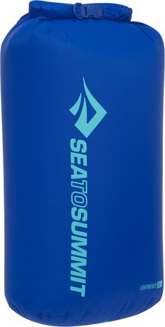 the sea to summit waterproof dry bag is blue and has white lettering on it