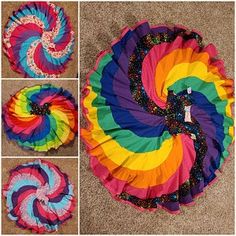 four different pictures of colorful skirts on the floor and one has a white figure in it