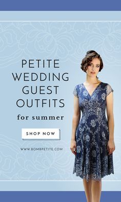 a woman in a blue dress with the words petite wedding guest outfits for summer shop now