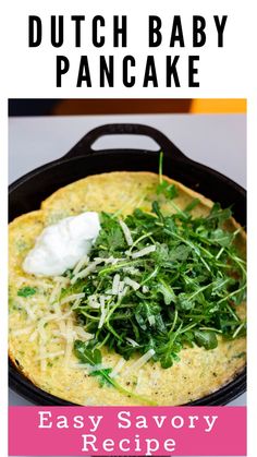 an easy to make dutch baby pancake recipe with spinach and cheese on top