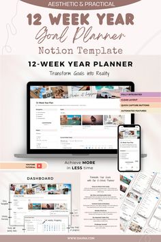 Achieve your goals with the 12-Week Year Planner Notion Template by Optimalplansstudio. Set SMART goals, track tasks, use a vision board, and stay organized with progress tracking, weekly check-ins, and a tutorial. Productivity Templates, Free Notion Templates, Organization Templates, Quarterly Planner, Task Tracker