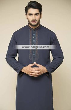 <ul> <li>Color: Charcoal</li> <li>Attractive looking kurta features embroidery detail on collar, sleeves, around placket, placket and shutter pleats on sleeves</li> <li>Complemented with matching shalwar</li> </ul> <p><br /><br /><strong>Additional Accessories:</strong><br />Peshawari Sandal: <strong>US$50</strong><br />Men's Shawl: <strong>US$50</strong></p> Eid Fitted Kurta With Embroidered Cuffs, Fitted Long Sleeve Kurta With Embroidered Cuffs, Fitted Long Sleeve Kurta With Tonal Embroidery, Cotton Sets With Tonal Embroidery And Long Sleeves, Fitted Long Sleeve Kurta With Embroidered Border, Jackson Heights New York, Dresses Indian Wedding, Jackson Heights, Wedding Dresses Indian