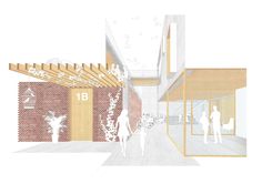 an architectural rendering of a building with people walking through it