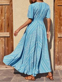 Comfortable Loose V-Neck Maxi Holiday Dress - Blue,L Blue Non-stretch Sundress, Lined V-neck Dress For Vacation, V-neck Lined Dress For Vacation, Blue Non-stretch Bohemian Midi Dress, Blue Bohemian Non-stretch Midi Dress, Bohemian Blue Midi Dress, Bohemian Blue Non-stretch Midi Dress, Casual Fitted V-neck Maxi Dress, Non-stretch Maxi Sundress