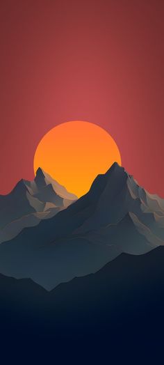 the sun is setting over some mountains with snow on them and red sky in the background