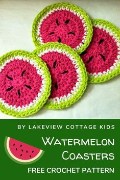 four watermelon coasters with text overlay that reads, by lakeview cottage kids