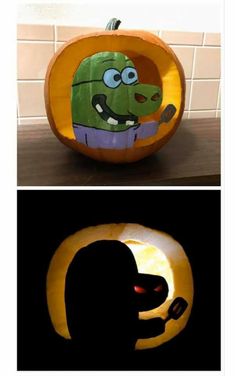 two pumpkins that have been carved to look like cartoon characters