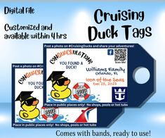 two tags with the words cruising duck tags on them