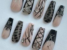 Pictured on Long Coffin nails. Included on all orders are: Nail Glue, Sticky Tabs, Nail File, Cuticle Pusher, and Buffer Block.  All press ons are hand painted. Please allow up to 2 weeks for your order to be processed.  Designs may vary based on nail shape and length. To ensure quality, I have chosen to use Aprés Nail Gel-X®️ Tips. Photos used to represent different size tips are taken from their website. Specific measurements for different shapes and lengths are available in their website. Nail sizes may differ depending on nail shape. If you're not sure what size nails to order, I recommend ordering a nail size kit from my website. I'm not responsible for ill fitting nails. Goth Nails Black, Black Nails With Charms, Nails Black French Tip, Nails Emo, Emo Nails, Nails Black French, Learning Fashion, Black Silver Nails, Black French Tip Nails