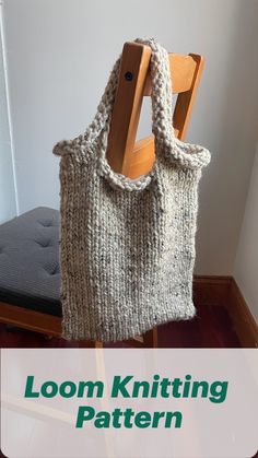 a wooden chair with a knitted bag hanging from it's back on the floor