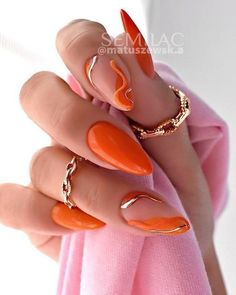 Orange Nail Art, Orange Nail Designs, Nude Nail Designs, Makijaż Smokey Eye, Almond Nails Designs, Almond Acrylic Nails, Nail Designs Glitter, Pastel Nails