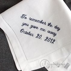 Custom embroidered handkerchief for dad on your wedding day. This meticulously embroidered handkerchief personalized with your own custom wording or use example shown. Makes for the perfect gift from daughter to Dad and from son to his for Father of the Bride & Father of the Groom gift. This stylish mans handkerchief made with the finest European linen with a time staking handmade hemstitch edge detailing. It is the perfect gift for the groom, fathers and grandfathers for those who appreciat Father Daughter Wedding, Bride Handkerchief, Father Of The Bride Wedding, Wedding Hankerchief, Embroidered Handkerchief Wedding, Daughter Wedding Gifts, Wedding Hankies