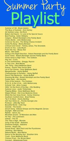 a poster with the words summer party playlist written in blue and yellow on it