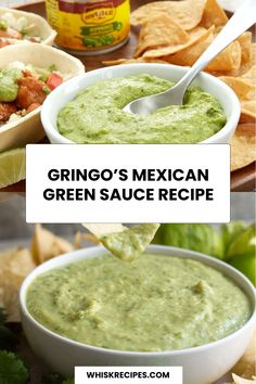 a bowl filled with guacamole next to tortilla chips and salsa