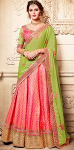 beautiful lehenga Pink And Green Art, Saree For Engagement, Traditional Lehenga, Sari Lehenga, Lehenga Style Saree, Silk Lehenga Choli, Indian Lehenga Choli, Green Lehenga