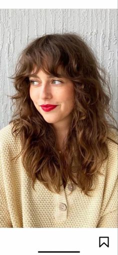 Wavy Curly Fringe, Naturally Wavy Lob With Bangs, Long Shag Haircut 70s, Wavy Hair And Fringe, Haircut 2023 Wavy Hair, 70s Layered Hair Curly, Curly Modern Shag, Naturally Wavy Shag Haircut Medium, Bangs On Natural Wavy Hair