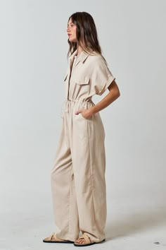 Cream Jumpsuit Outfit, Zip Up Jumpsuit, Cream Jumpsuit, Trendy Date Night Outfit, Rolled Up Sleeves, Jumpsuit Outfits, Jumpsuit Outfit, Embroidery On Clothes, Linen Jumpsuit