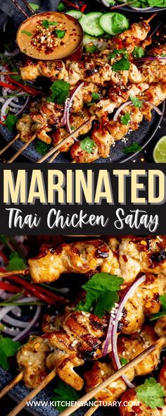 marinated thai chicken satay on skewers with cucumbers and cilantro