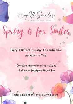 Don't miss out on our Spring is for Smiles special: 
🦷$300 off Invisalign Comprehensive Packages in May
🦷Complimentary Whitening 
🎟️and a drawing for Apple Airpods Pro!
 
Please contact our office for further details before the month comes to an end. Straight Teeth, Apple Airpods Pro, Family Dentistry, Best Dentist, Cosmetic Dentistry, All Smiles, Dundee, Apple Airpods, A Drawing