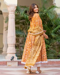 Cotton Dress Set - Mustard Colored Dabu Print - www.riafashions.com White Anarkali Cotton Dress, White Cotton Anarkali Dress, Cotton Dresses With Dupatta For Spring, Spring Cotton Dress With Dupatta, Salwar Materials, Indian Designers, Dabu Print, Suits Online Shopping, Women Kurta