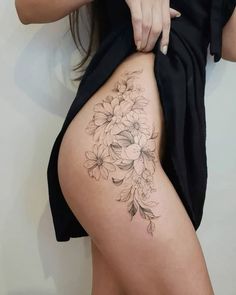 Delicate Thigh Tattoo Women, Hip Tattoo Cover Up Ideas For Women, Simple Leg Tattoos Women Lower Calf, Floral Hip Tattoos Women, Small Side Hip Tattoos, Side Tattoos Women Hip Thighs, Hip Tattoos Women Side Thighs, Side Thigh Tattoo, Side Thigh Tattoos Women